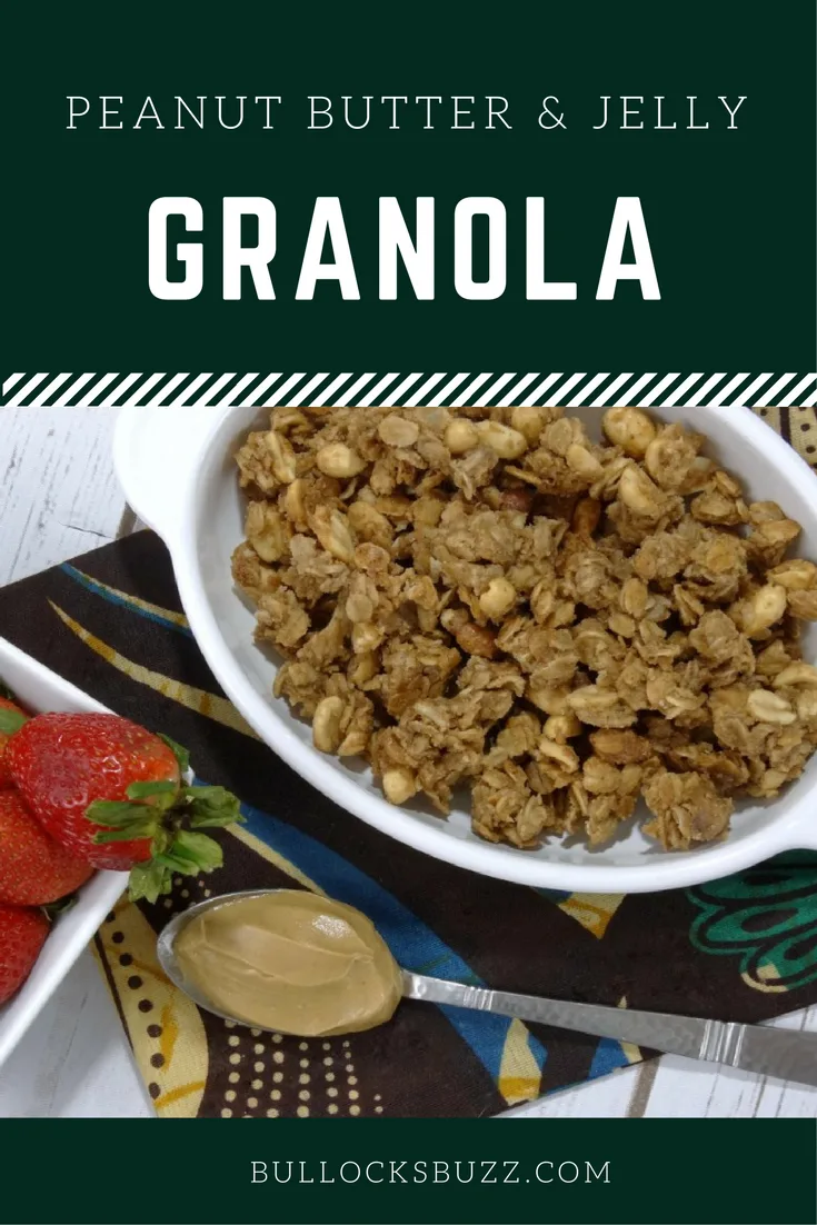 Rich and creamy peanut butter is swirled with strawberry jam, old-fashioned oats and honey roasted peanuts for a deliciously healthy, crunchy snack - Peanut Butter and Jelly Granola!