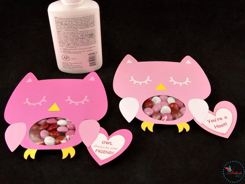 Owl Valentines Candy Cards glue message hearts under the wing