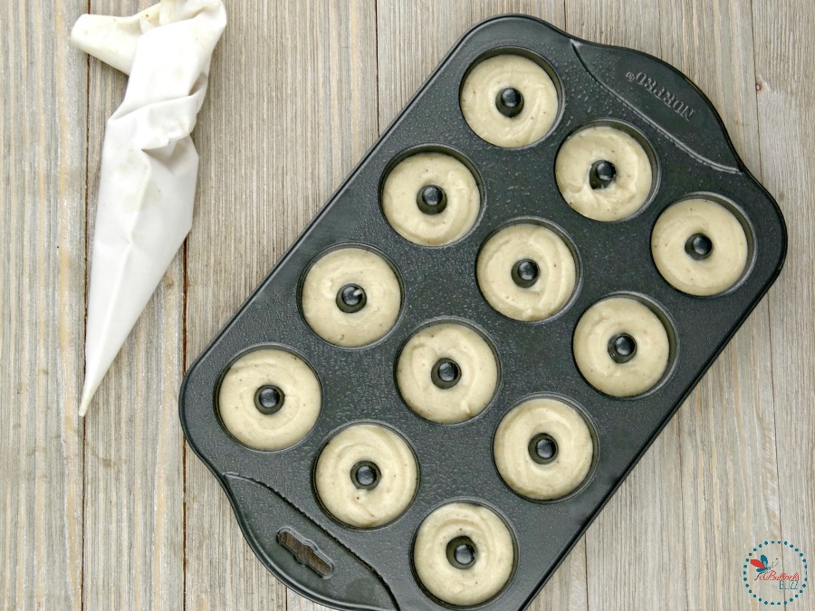 Mini Baked Donuts with Caramel Glaze batter added to pan