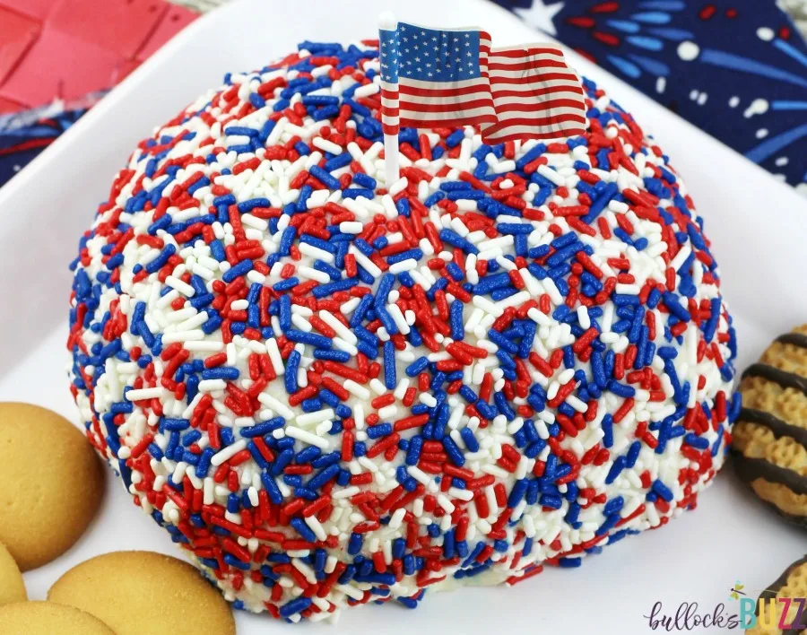 no bake Patriotic Funfetti Cake Cheese Ball close up