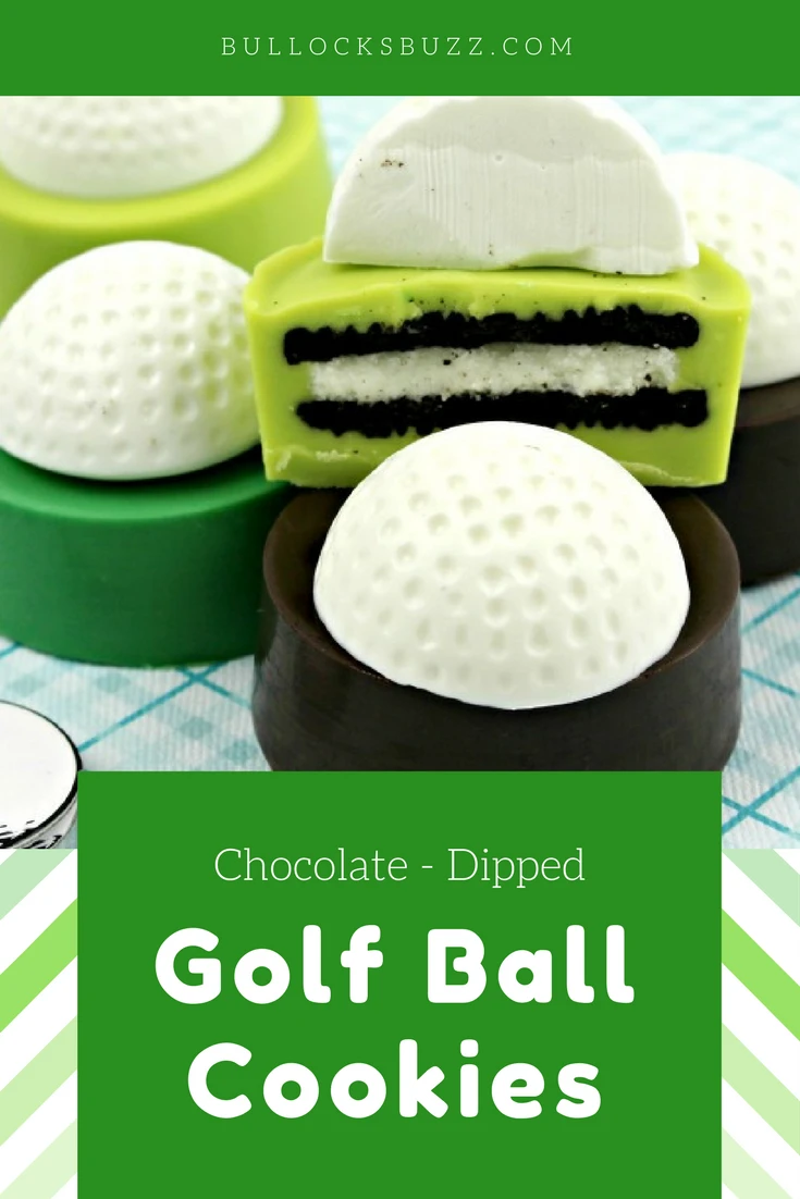Double-stuffed Oreos are dipped in colored candy melts then topped with white chocolate golf balls in this deliciously-cute Golf Ball Cookies recipe.