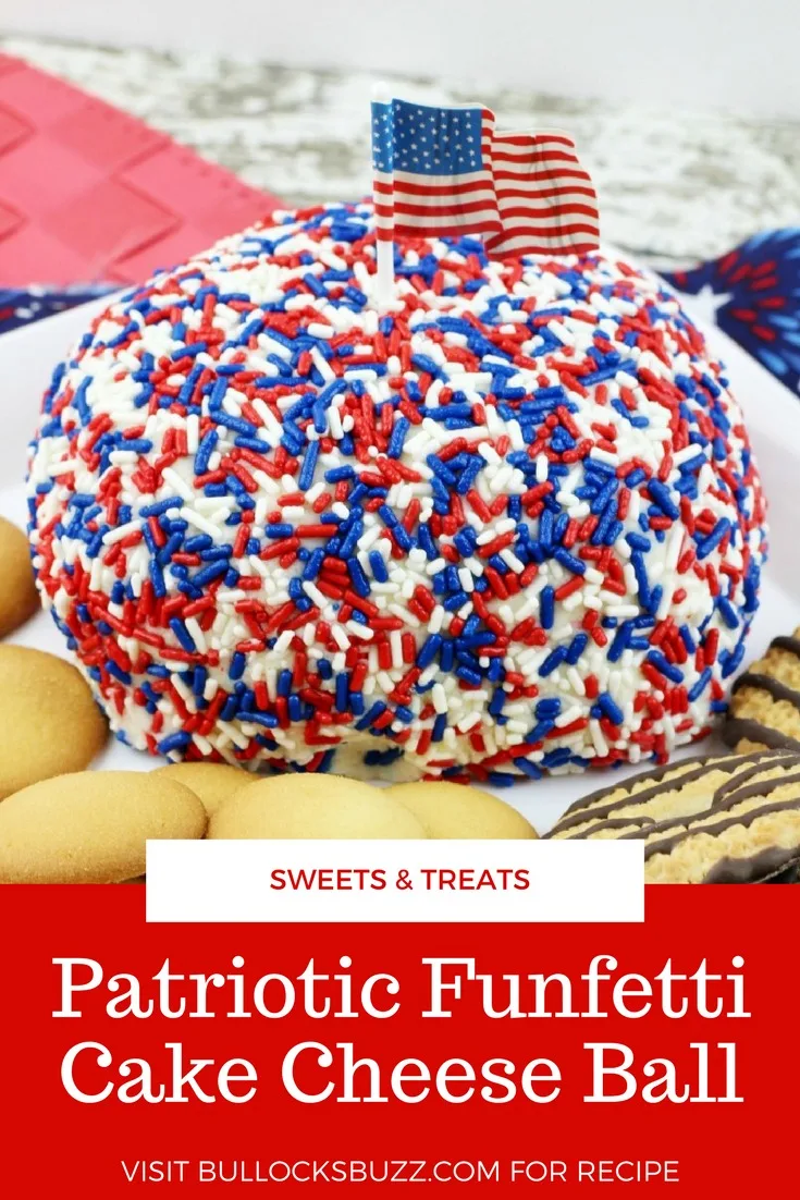 Colorful Funfetti cake mix is shaped into a ball, dipped in red, white and blue jimmies, then served as a dip in this deliciously sweet Patriotic Funfetti Cake Cheese Ball recipe. #patrioticrecipe #cakemixrecipe #cakemixdip #fourthofjuly