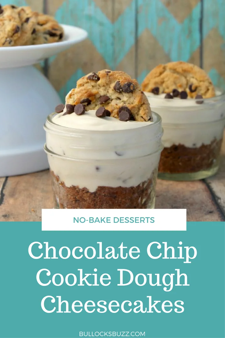 Rich, smooth creamy cheesecake served on top of crunchy chocolate chip cookie dough crust, and topped with a golden brown chocolate chip cookie and a sprinkle of chocolate chips in these amazing No Bake Chocolate Chip Cookie Dough Cheesecakes.