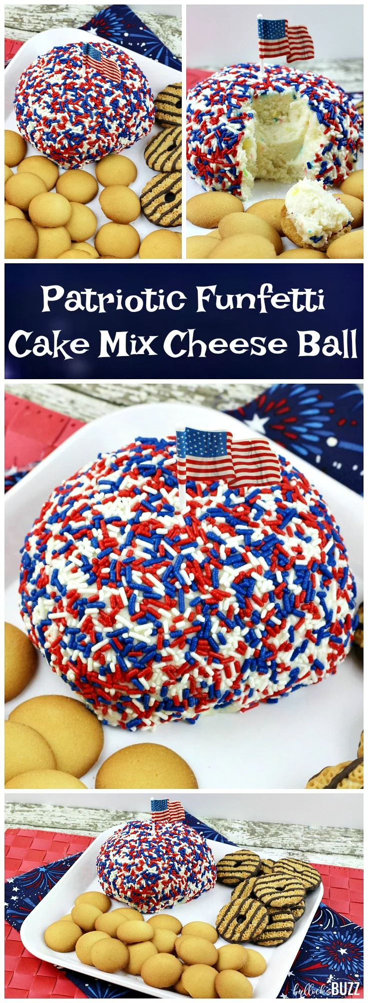 Add some sweetness to your 4th of July holiday celebration with this easy-to-make, no bake patriotic recipe! Colorful Funfetti cake mix is shaped into a ball, dipped in red, white and blue jimmies, then served as a dip in this deliciously sweet Patriotic Funfetti Cake Cheese Ball. #patrioticrecipe #cakemixrecipe #cakemixdip #fourthofjuly