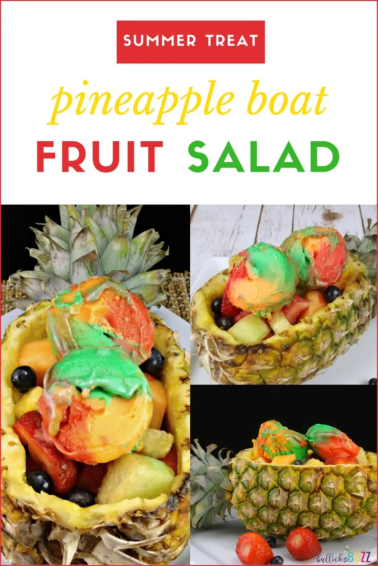 Served in a pineapple boat, fresh fruit is tossed together then topped with a few scoops of your favorite flavor sherbet in this deliciously refreshing Pineapple Boat Fruit Salad recipe.