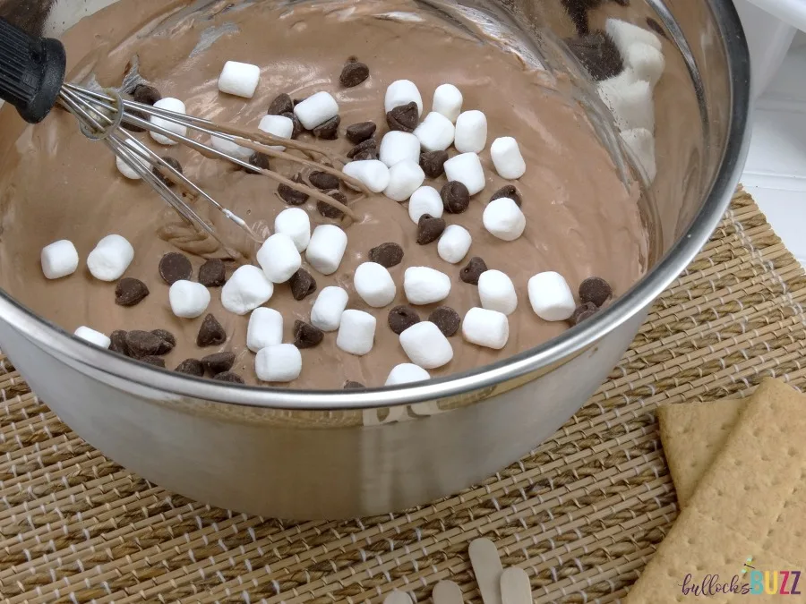 S'mores Pudding Pops add marshmallows, chocolate chips then crushed graham crackers