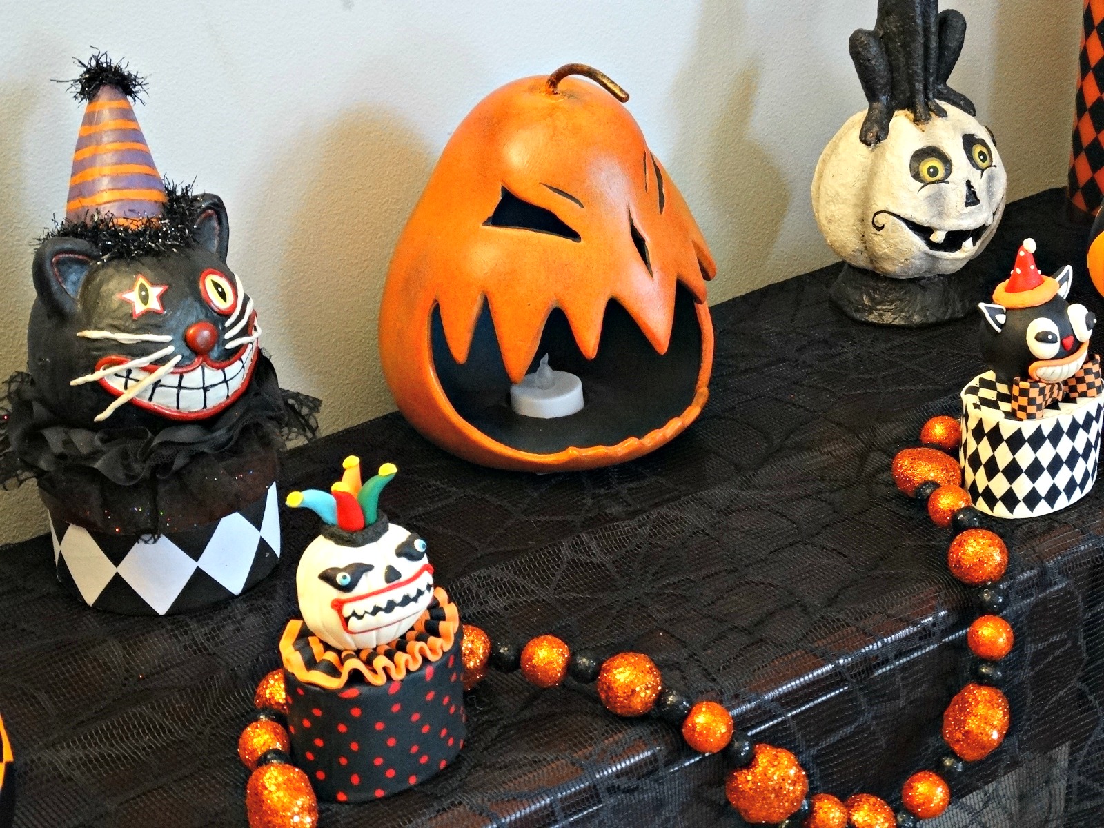 Halloween tablescape Haunted Harlequin figurines