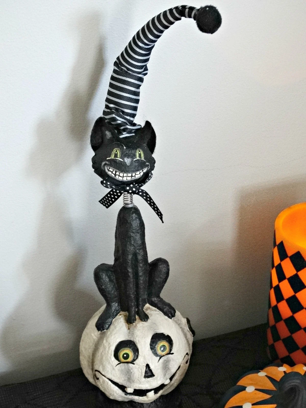 Haunted Harlequin whimsical cat on pumpkin