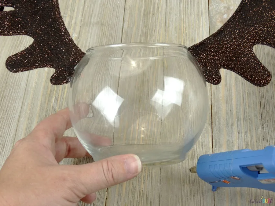 DIY Rudolph Christmas Candy Jar hot glue antlers to sides of jar