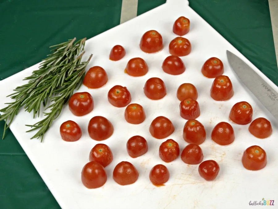 Rosemary, Tomato & Herbed Cream Cheese Bites game day recipe slice tomatoes