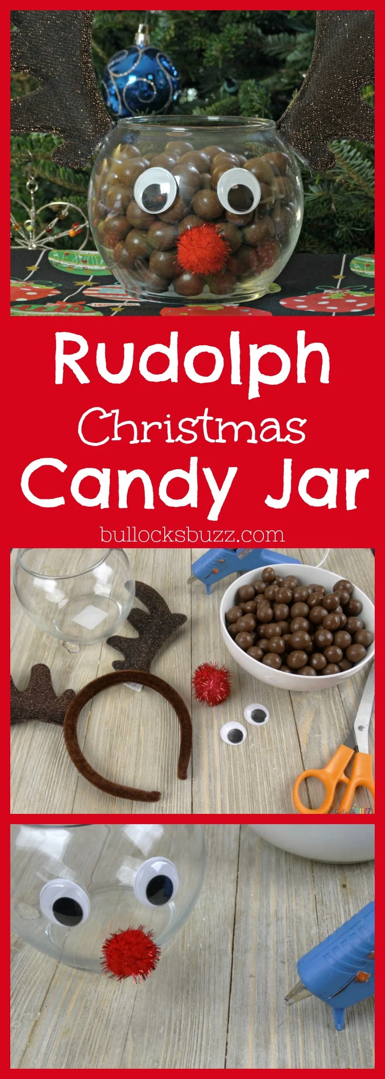 An adorable Rudolph Christmas Candy Jar that is filled with chocolate covered malt balls, takes just minutes to make and costs less than $5! It's the perfect addition to your holiday decor, or as part of a holiday candy bar, and even makes a sweet little gift!