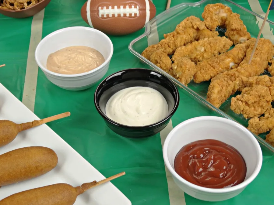 lots of dipping sauces for tabletop tailgating appetizers 