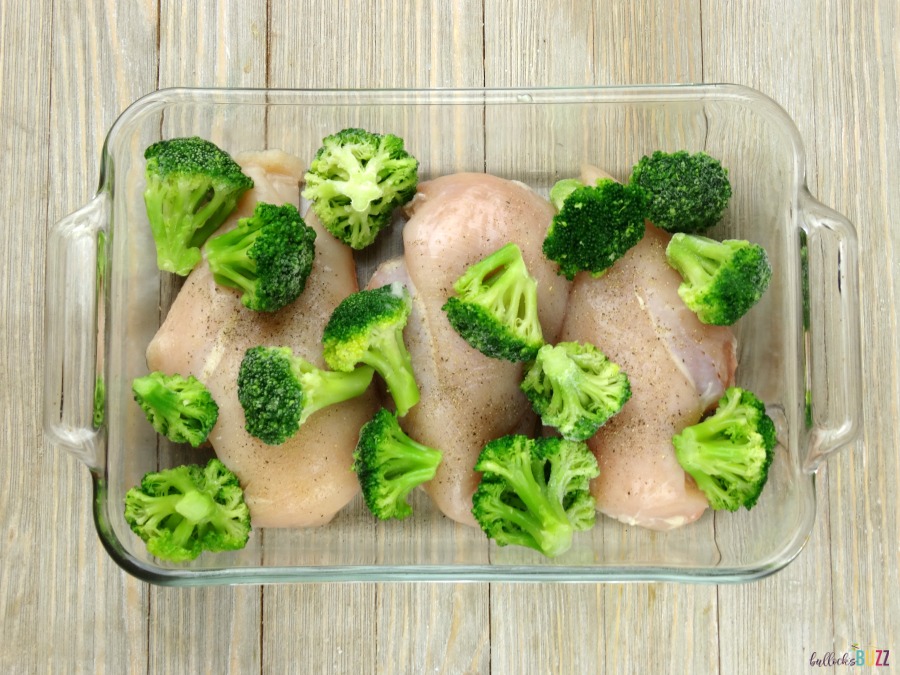 add broccoli over seasoned chicken breasts
