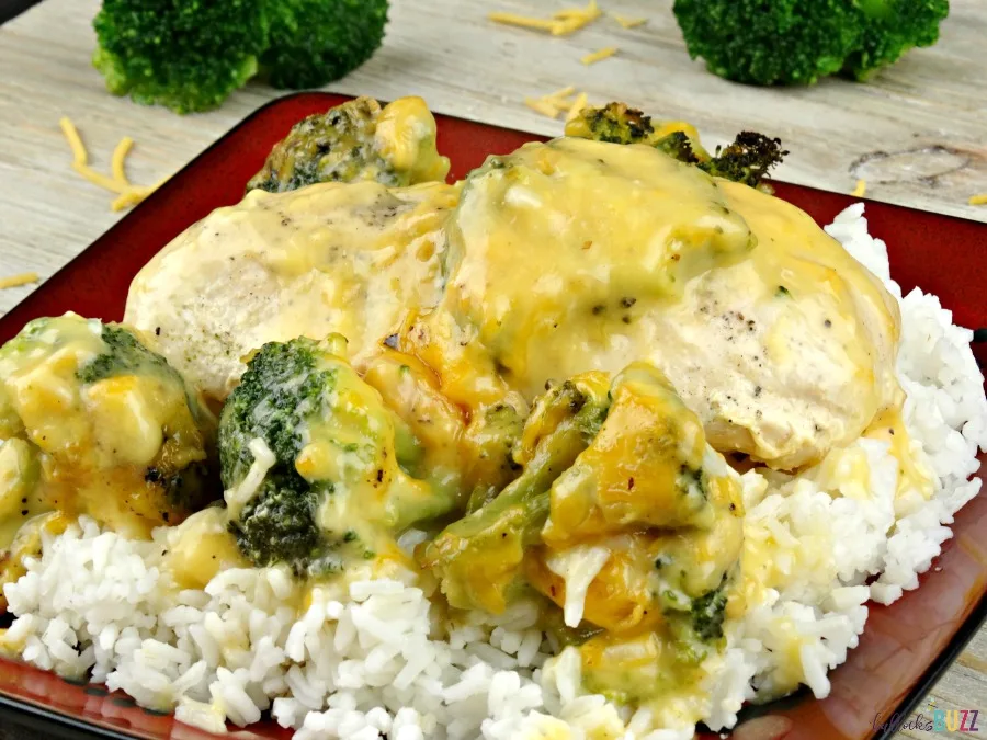 Serve Cheesy Chicken Broccoli Casserole over a bed of rice