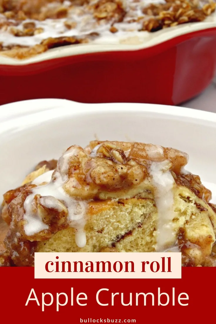 In this delectable Cinnamon Roll Apple Crumble recipe, warm gooey cinnamon buns are smothered in crisp apple pie filling then topped with a crunchy cinnamon and brown sugar crumble. Warm cream cheese icing crowns this delightful dessert.