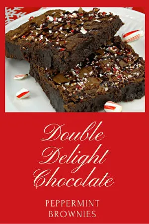 Rich chocolatey brownies are covered with a drizzling of chocolate syrup and dusted with crushed peppermint in this easy Double Chocolate Peppermint Brownie recipe.