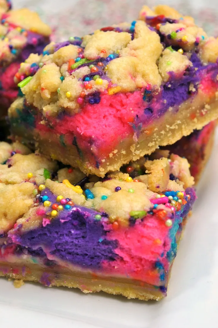 Bright and colorful unicorn cheesecake bars dessert