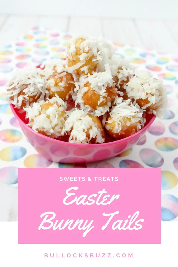 Sweet donut rounds made from refrigerated biscuits are dipped in a homemade glaze then rolled in coconut to make these incredibly cute Bunny Tails sitting in a hot pink bowl