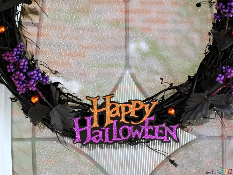 diy black and purple halloween wreath close up