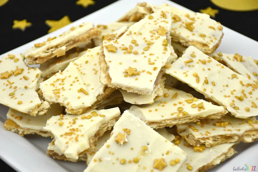 new years eve white chocolate toffee bark broken into small pieces