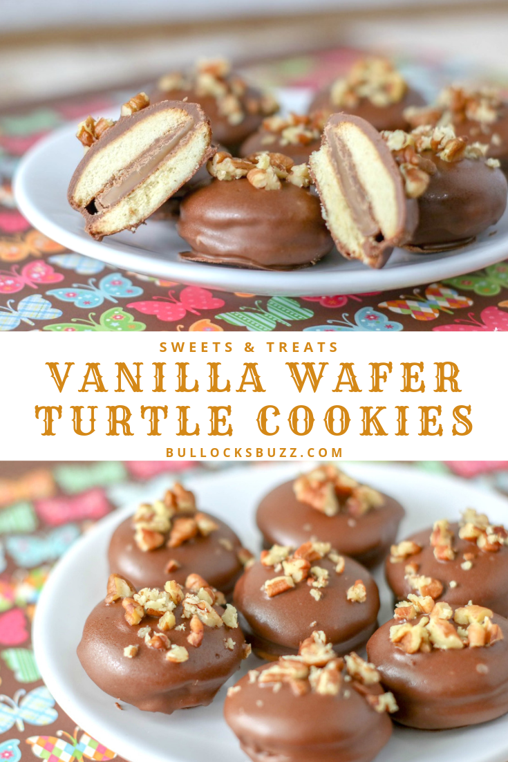 These Vanilla Wafer Turtle Cookies have it all - warm, gooey buttery caramel, rich milk chocolate, salty pecans, and the crunchy sweetness of vanilla wafers. Best of all, these chocolate-covered sandwich cookies are incredibly easy to make!  #cookies #easyrecipe