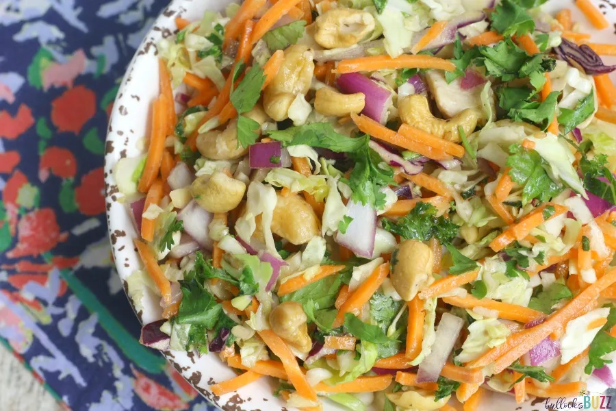 close up thai chicken salad in bowl