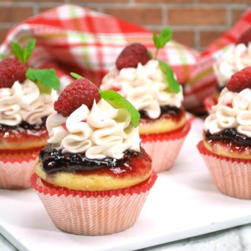 vanilla raspberry jam cupcakes finished