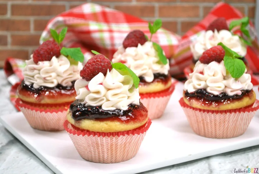 vanilla raspberry jam cupcakes finished