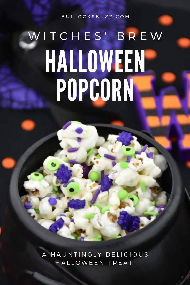 Sweet and salty popcorn sprinkled with a spooktacular mix of crunchy candy in Halloween colors, this Witches Brew Halloween Popcorn is hauntingly delicious and easy-to-make! #halloween #Halloweenrecipes