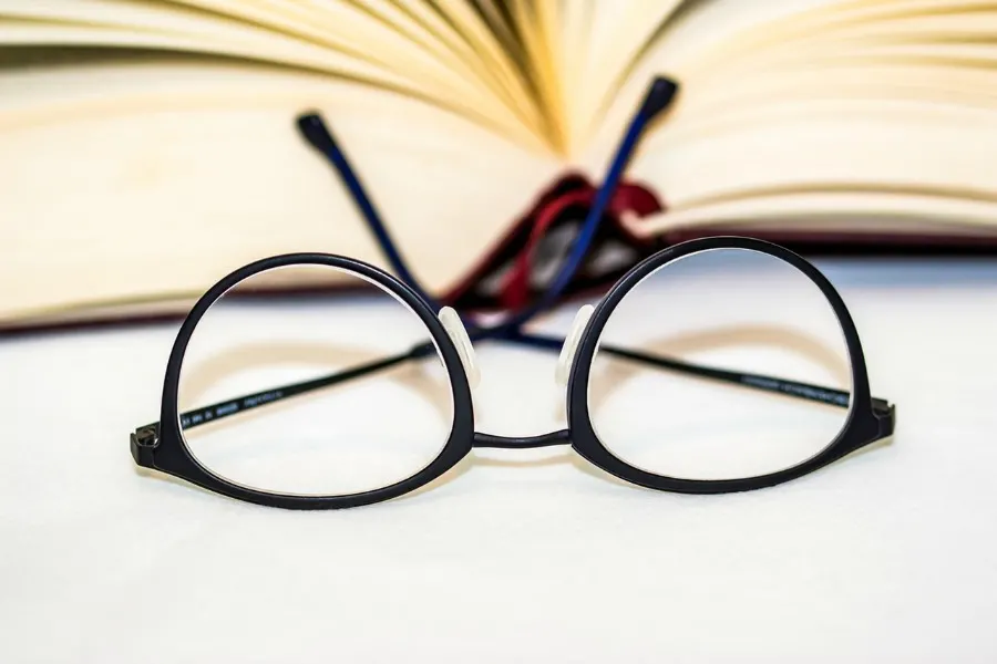 eye glasses in front of a book