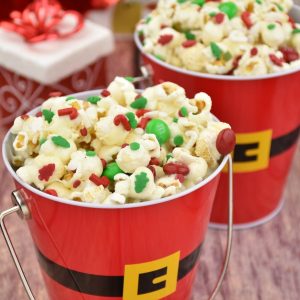 Christmas popcorn served in Santa pails