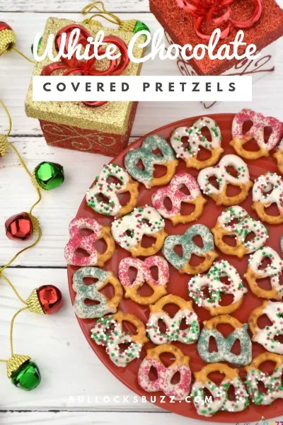 White Chocolate Covered Pretzels for Christmas on a red plate