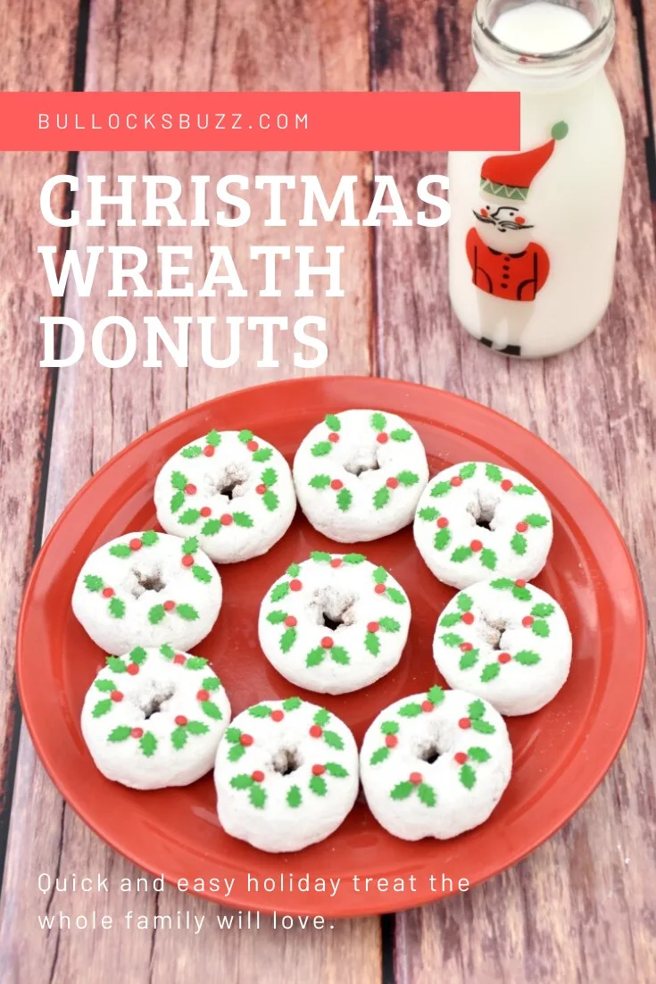 These easy Christmas Wreath Donuts are a fun, festive, and delicious holiday treat. And best of all, there is no cooking or baking involved! #Christmas #holidayrecipes #Christmastreats