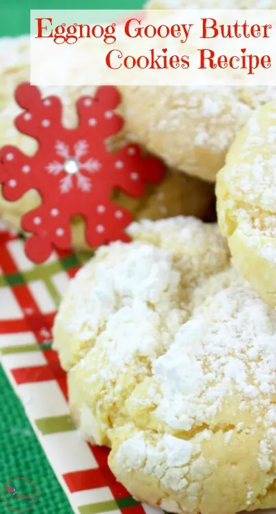 Eggnog Gooey Butter Cookies on a Christmas-colored plate and placemat