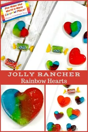 These heart-shaped homemade Jolly Rancher Rainbow Hearts are the perfect gift for Valentine's Day. Free printable tag!