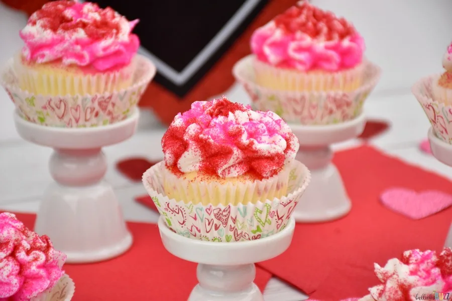 close up of vanilla cupcakes for Valentine's Day