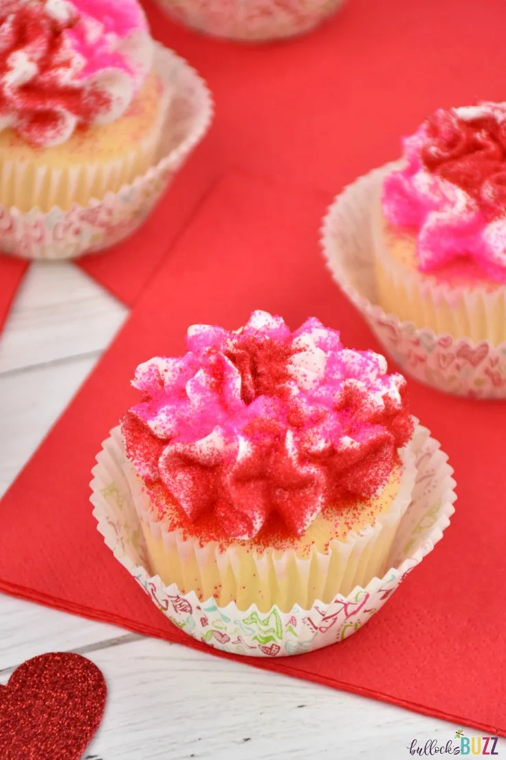 Easy-to-make vanilla Valentine's Day Cupcakes are topped with a vanilla buttercream then dusted with vibrantly colored sprinkles for a treat your valentine will love!