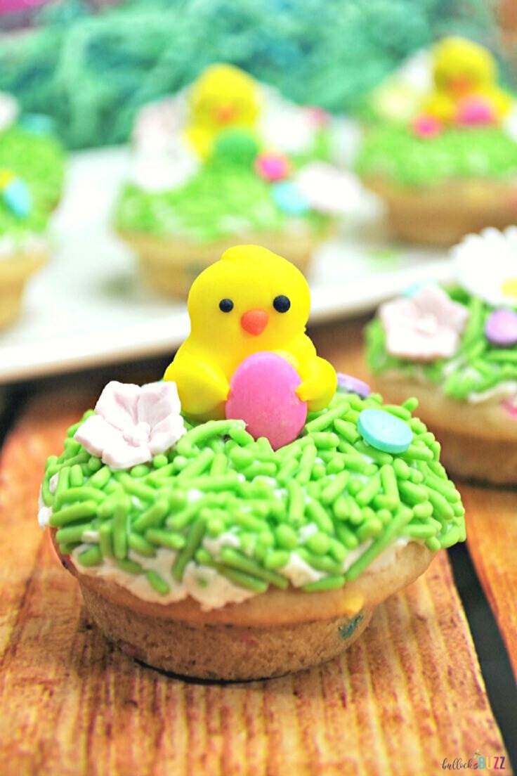 easy Easter recipe cookie cups decorated with candy flowers and candy chick