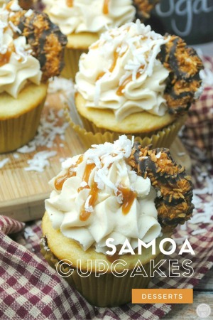 Light and moist Samoa Cupcakes are made with rich vanilla, buttermilk and sweet cream butter topped off with a mouth-watering Coconut Caramel Frosting, and then crowned with a Samoa cookie.
