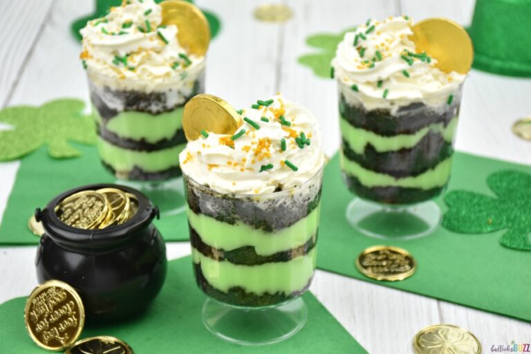 overhead shot of these easy St. Patrick's Day dessert recipe Mint Chocolate Trifles