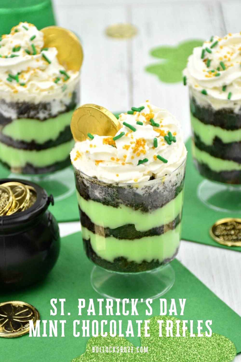 Just in time for St. Patrick's Day, these sinfully delicious mint chocolate trifles alternate smooth and creamy pudding with crunchy chocolate mint cookie crumbles and are topped off with a cloud of whipped cream, green and gold sprinkles, and a chocolate gold coin. Layer after layer of mint chocolate deliciousness, these individual Mint Chocolate Trifles are the perfect St. Patrick’s Day treat.