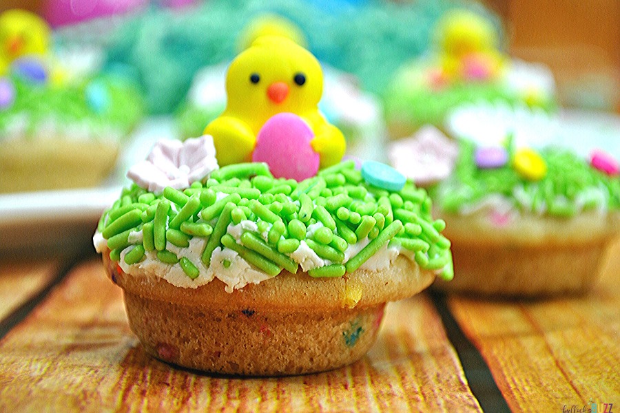 candy chick sitting on top of Easter-themed baking recipe Easter Cookie Cups