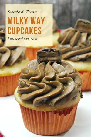 Sweet, moist caramel-vanilla cupcakes topped with a rich chocolate caramel frosting and crowned with a piece of Milky Way bar in this amazing Milky Way Cupcakes recipe/.