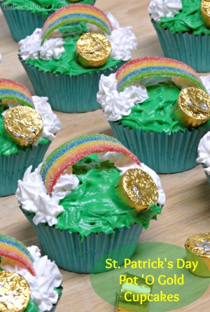 Find the pot of gold at the end of the candy rainbow topping these made-from-scratch vanilla St. Patrick's Day cupcakes!