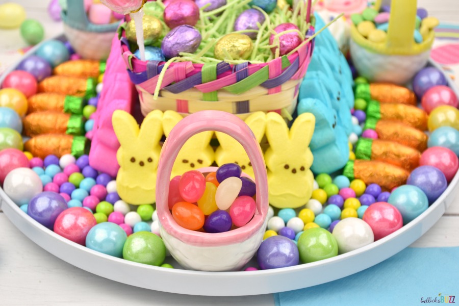 Colorful jellybeans inside a tiny porcelain Easter basket surrounded by other colorful Easter candies and treats, A bright and colorful dessert idea for Easter