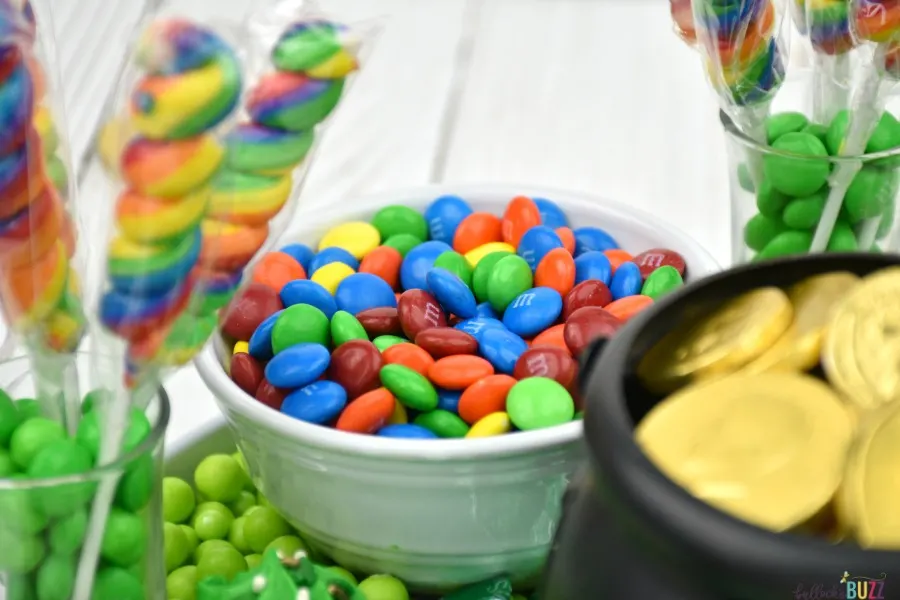 M&Ms in a bowl on the St. Patrick's Day Dessert Charcuterie Board 