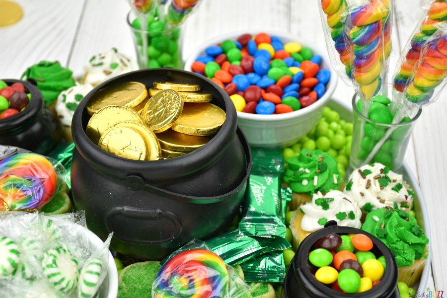 Add colorful candies to a St. Patrick's Day Dessert Charcuterie Board 