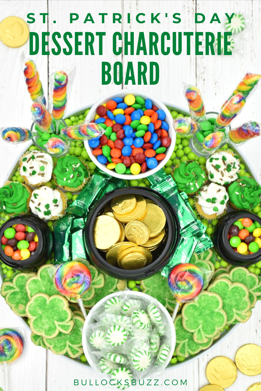 This eye-catching Dessert Charcuterie Board for St. Patrick's Day is SO much tasty fun! From shamrocks to rainbows plus a pot of gold, this colorful sweet treat has it all! #stpatricksday #recipe #charcuterieboard