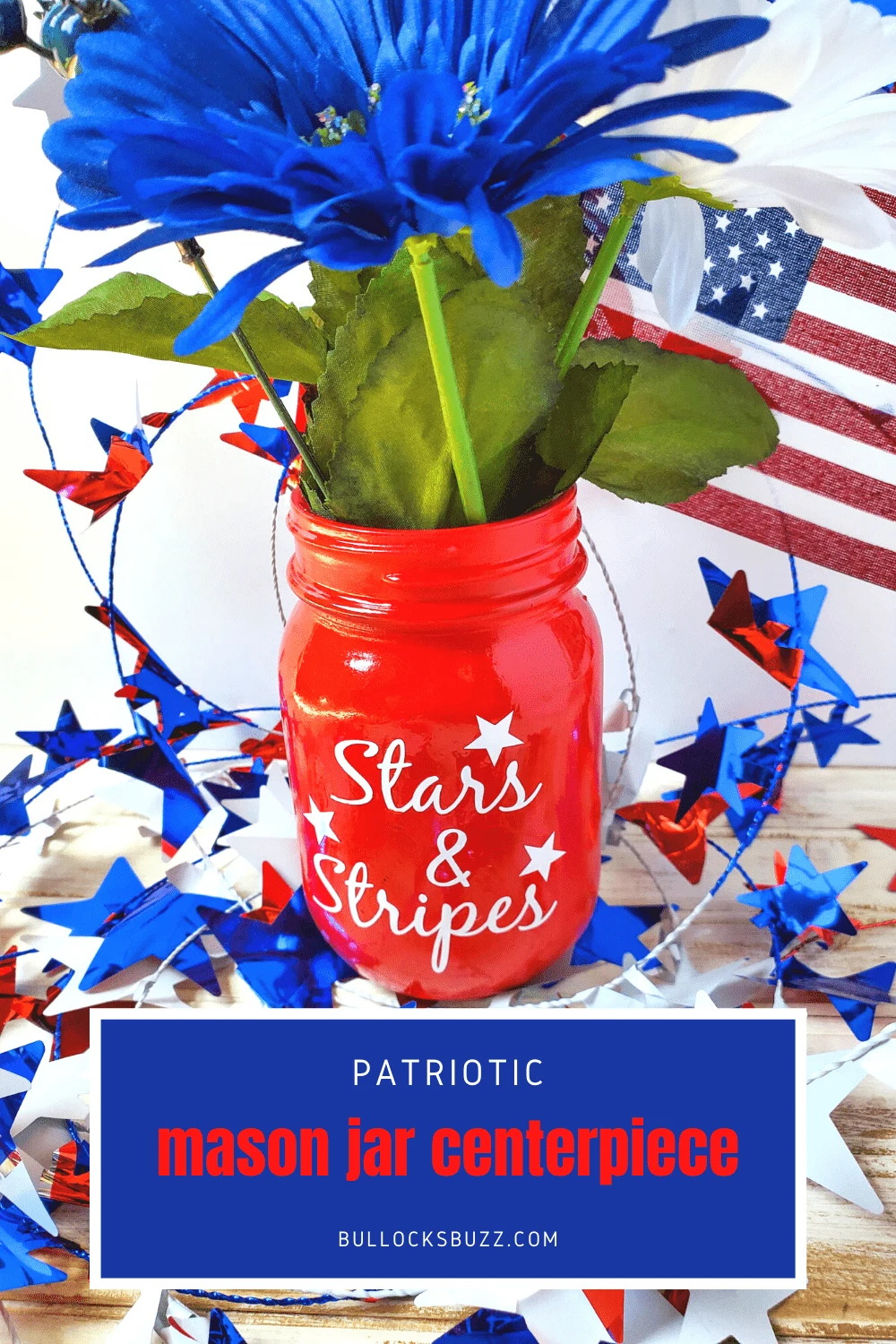 cute mason jar craft for 4th of July filled with patriotic embellishments