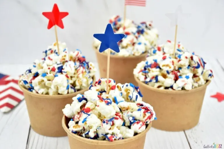 4th of July Patriotic Popcorn in brown cups with a star toothpick topper